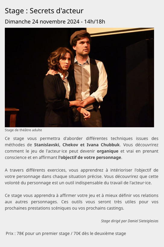 Page Internet. Théâtre CreaNova, Saint-Gilles. Stage « Secrets d|acteur » Dirigé par Daniel Sieteiglesias. 2024-11-24